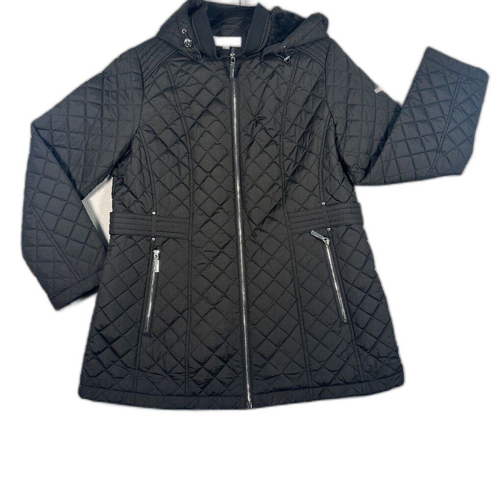 Laundry by Shelli Segal Black Diamond Quilted Hooded Jacket Coat Women Sz L NWOT